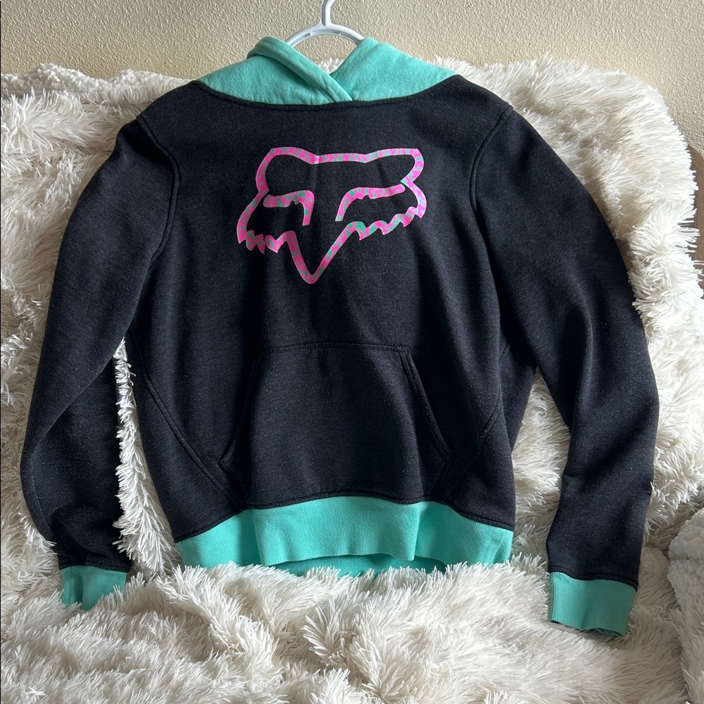 Fox Black Hoodie with Teal Trim and Pink Logo - Kids Sweatshirt